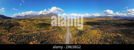 Panoramablick aus der Vogelperspektive auf die Straße, die im Herbst zur Haines Junction im Norden Kanadas führt, mit goldener, goldener, gelber Landschaft, Autobahn Stockfoto