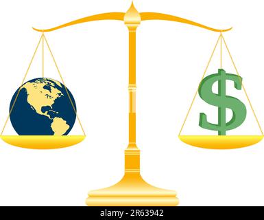 Waage mit der Erde auf der einen Seite und einem Geldsymbol auf der anderen. Wahl zwischen Geld und Umwelt Stock Vektor