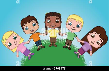 Dies ist eine Vektordarstellung einer Gruppe verschiedener Kinder, die Hände auf einem Hügel halten. Stock Vektor