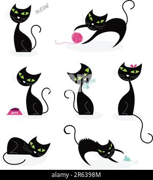 Schwarze Katzen in verschiedenen Posen. Vektor-Cartoon-Illustration. Stock Vektor