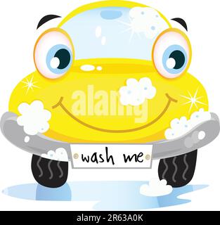 Vektordarstellung eines fröhlichen gelben Auto-Wasch-Reinigungsservice. Vektor-Cartoon-Illustration. Stock Vektor