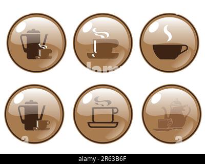 Auf weißem Hintergrund sechs verschiedene Logos für die glänzende Kaffeebar. Sie können es als Logo oder als einfache Schaltfläche verwenden. Stock Vektor