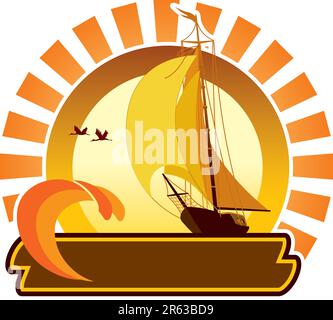 Sommersymbol - tropischer Sonnenuntergang und Segelyacht Stock Vektor