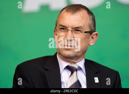 Brian Roche, Vorsitzender von Rugby NZ 2011 bei der offiziellen Begrüßung des neuseeländischen Rugby-Weltmeisterschaftsteams, Aotea Square, Auckland, Neuseeland, Samstag, 03. September 2011. Stockfoto