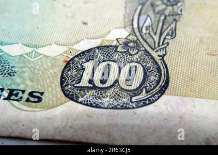 Nahaufnahme Macro Old Indian One Hundred Bank Note Stockfoto