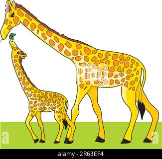 Eine Mutter ihr Baby Giraffe füttern Stock Vektor