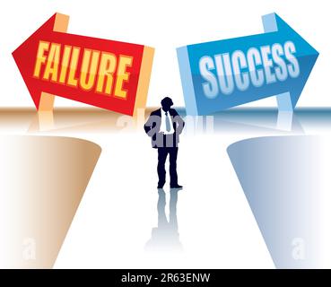 Der Geschäftsmann steht vor zwei Wegweisern, einem konzeptionellen Geschäftsbild. Stock Vektor