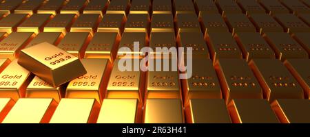 Gestapelte Gold Bars auf einem hellen Hintergrund, 3D-Rendering, Finanzkonzept Stockfoto