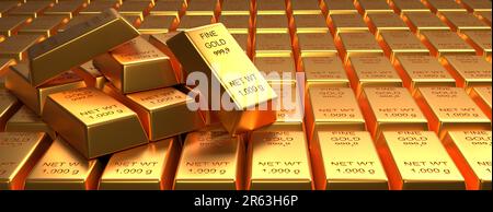 Gestapelte Gold Bars, 3D-Rendering, Financial Concept panorama Stockfoto