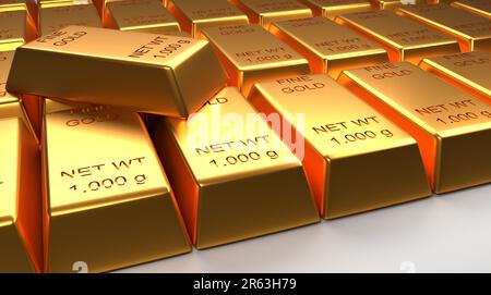 Gestapelte Gold Bars auf einem hellen Hintergrund, 3D-Rendering, Finanzkonzept Stockfoto