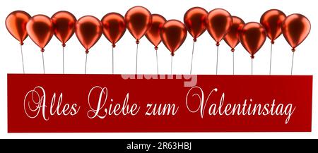 Glänzend rote Luftballons mit den deutschen Worten Happy Valentines Tag auf einem großen, roten Karte, 3D-Rendering mit weißem Hintergrund Stockfoto
