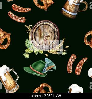 Bierfass und Becher aus Holz, deutscher Hut, wasserfarbenes, nahtloses Muster, isoliert auf Schwarz. Hopp, Weizenohr, Brezel, Würstchen, handgezeichnet. Design für das Brühen Stockfoto