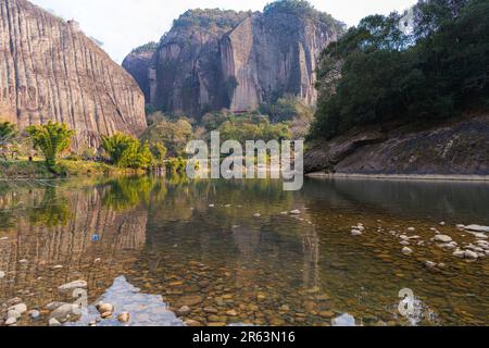 Ein Hain aus Bambusbäumen und ungewöhnlichen Felsformationen auf dem Fluss mit neun Biegungen in wuyishan china in der Provinz fujian, kopieren Sie Platz für Text Stockfoto