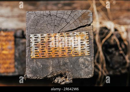 Rostig auf Metallplatte zum Schutz gerissener Bahnschwellen, Gleise, Spalten von Bahnschwellen, Reparatur, selektiver Fokus. Stockfoto