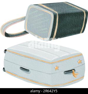 Bereit für eine Familienreise. Koffer mit Sternen dekoriert. Sporttasche. Elegantes Reisekonzept in Grau. Urlaubssachen. Handgezogene Retro-Tasche. Die von Touristen Stockfoto