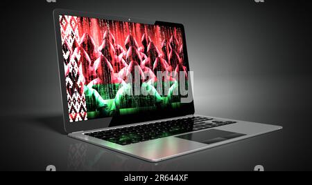 Belarus – Landesflagge und Hacker auf dem Laptop-Bildschirm – Cyberangriffskonzept Stockfoto