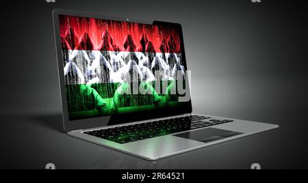 Ungarn - Landesflagge und Hacker auf dem Laptop-Bildschirm - Cyber-Angriffskonzept Stockfoto