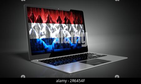 Niederlande – Landesflagge und Hacker auf dem Laptop-Bildschirm – Cyberangriffskonzept Stockfoto