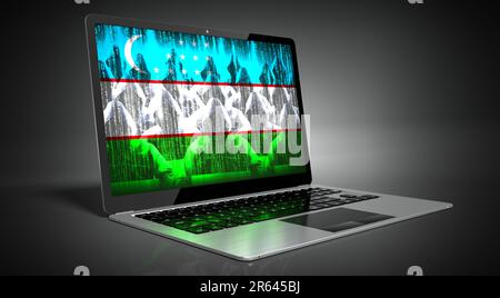 Usbekistan – Landesflagge und Hacker auf dem Laptop-Bildschirm – Cyberangriffskonzept Stockfoto
