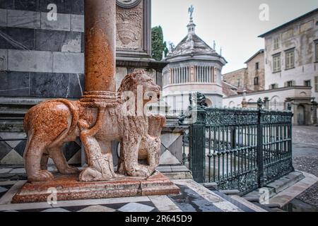 Am Eingang zur Basilika Santa Maria Maggiore in Bergamo, Italien, Tür der roten Löwen Stockfoto