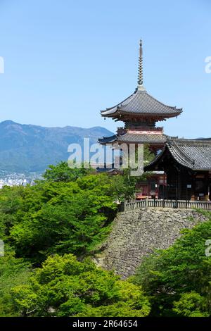 Dreistöckige Pagode des Kiyomizu-dera-Tempels in frischem Grün Stockfoto