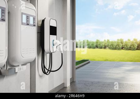 3D-V-Rendering-EV-Ladegerät oder Wandladegerät in der Garage Stockfoto