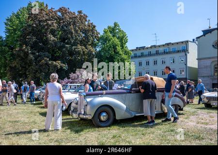 Feierlichkeiten zum schwedischen Nationalfeiertag im Olai-Park am 6 2023. Juni. Oldtimer werden ausgestellt, da dieser Tag mit dem historischen Motortag in Schweden zusammenfällt. Stockfoto