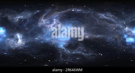 360 Grad Panorama Ansicht von 360 Grad Raumnebel Panorama, equirectangular Projektion, Umwelt Karte. HDRI-Rundpanorama. Weltraumhintergrund mit Nebel und Sternen. 3D Abb.