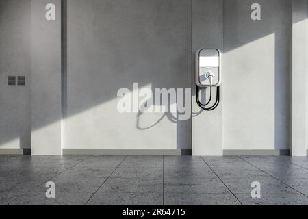 3D-V-Rendering-EV-Ladegerät oder Wandladegerät in der Garage Stockfoto