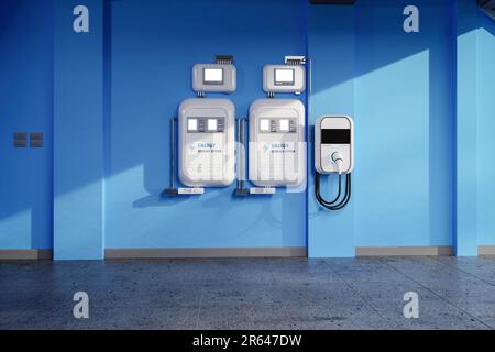 3D-V-Rendering-EV-Ladegerät oder Wandladegerät in der Garage Stockfoto