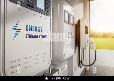 3D-V-Rendering-EV-Ladegerät oder Wandladegerät in der Garage Stockfoto