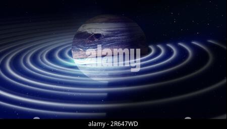 Abstrakter blauer Weltraumplanet mit rundem Asteroidengürtel futuristischer Hi-Tech im Hintergrund von Sternen im freien Raum. Stockfoto