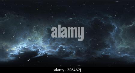 360 Grad Panorama Ansicht von 360 Grad Raumnebel Panorama, equirectangular Projektion, Umwelt Karte. HDRI-Rundpanorama. Weltraumhintergrund mit Nebel und Sternen. 3D Abb.