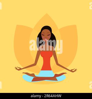 Ein Mädchen meditiert in Lotus-Yoga-Position. Eine ruhige Frau in Harmonie mit der Natur. Orange Hintergrundfarben sorgen für eine friedliche Atmosphäre. Stock Vektor