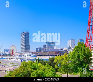 Frisches Grün, blauer Himmel und Hafenland Stockfoto