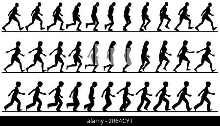 Bearbeitbares Vektor Silhouette Sequenzen von Menschen zu Fuß Stock Vektor