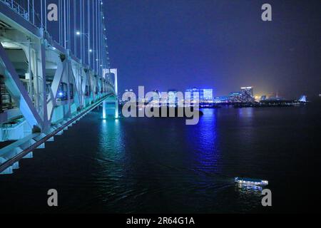 Nachtsicht auf Odaiba von der Rainbow Bridge Stockfoto