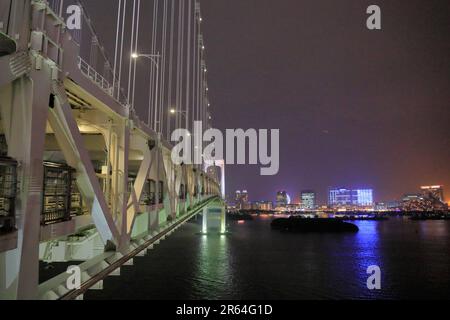 Nachtsicht auf Odaiba von der Rainbow Bridge Stockfoto