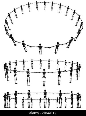 Editierbare Vector Silhouetten von Skeletten stehen in einem Ring aus drei verschiedenen Blickwinkeln Stock Vektor