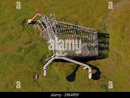 Verlassener Supermarkt-Einkaufswagen, in den Fluss Lune geworfen, versilbert, im Lancaster City Centre, Lancashire, England, Großbritannien, LA1 Stockfoto