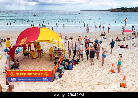 Surf Life Saving Volunteers unter dem bekannten rot-gelben Zelt und in ihrer Nähe können-zu Menschen sich auf ein Schwimmen im Meer am Bondi Beach, Australien vorbereiten Stockfoto