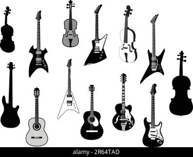 Satz von detailliertes Vektor Silhouetten verschiedene Gitarren Stock Vektor
