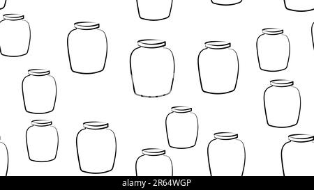 Nahtloses Muster mit Vektorsymbolen für dünne Linien. Glasgefäße mit Honig, Gelee und anderen Bio-Konserven. Hausgemachte Süßwaren als Hintergrund. Stock Vektor