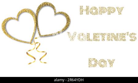 Wunderschöne abstrakte Textur aus goldenen, glitzernden Liebesherzen Ballons und goldenen Bändern für Happy Saint Valentine's Day auf weißem Hintergrund und Kopien Stock Vektor