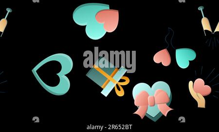 Endlose nahtlose Muster aus schöner festlicher Liebe fröhliche zarte Sets von Herzen mit Lupen beherbergt Pfeile und Buchstaben auf schwarzem Hintergrund Stock Vektor