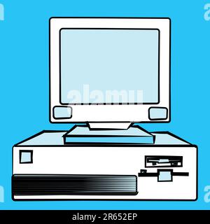Alter Retro-Hipster im antiken Retro-Stil veralteter stationärer PC mit einer Systemeinheit und einem Flop von unten auf blauem Hintergrund. Vektor-Illustration Stock Vektor