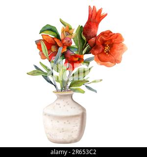 Granatapfelblüten-Bouquet in beiger Vase mit Ästen und Blättern. Granatblüten-Aquarell-Illustration Stockfoto