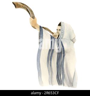 Shofar bläst vom jüdischen Mann in Talit über Jom Kippur und Rosh Hashanah Holiday Aquarell Illustration Stockfoto