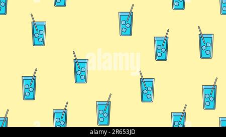 Nahtloses Muster von blau wiederholenden alkoholischen Cocktails in einem Glas mit Eis und einem Strohhalm auf gelbem Hintergrund. Vektordarstellung Stock Vektor