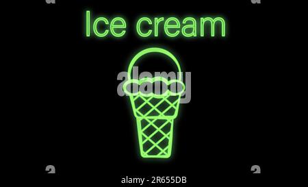 Eiscreme in einem Ball in einem Waffelbecher Neon, auf schwarzem Hintergrund, Muster, Vektordarstellung. Grünes Neonschild. Café- und Restaurantdekoration, glänzend Stock Vektor